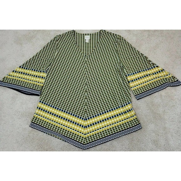 Chico's ~Woman Size 3~ Yellow/Blue Flare Top Blouse, Stretch, 3/4 Sleeve. - Picture 12 of 12